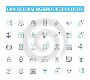 Brainstorming and productivity linear icons set. Innovation, Creativity, Collaboration, Ideas, Efficiency, Focus