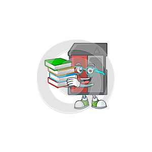 A brainy clever cartoon character of memory card studying with some books