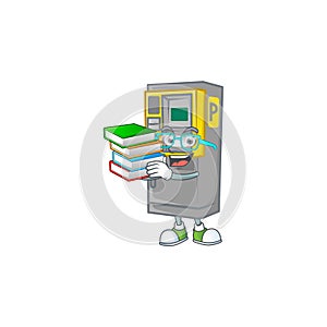 A brainy clever cartoon character of parking ticket machine studying with some books