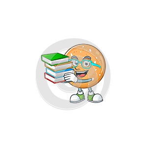 A brainy clever cartoon character of sugar cookies studying with some books