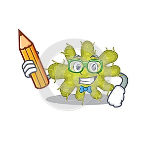 A brainy student bacterium cartoon character with pencil and glasses photo
