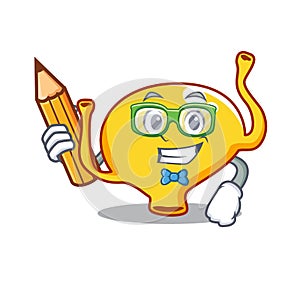 A brainy student bladder cartoon character with pencil and glasses
