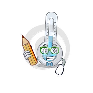 A brainy student cold thermometer cartoon character with pencil and glasses