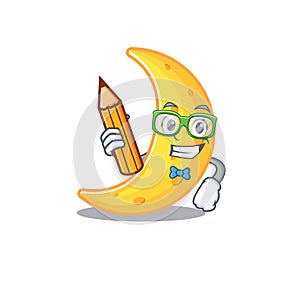 A brainy student crescent moon cartoon character with pencil and glasses