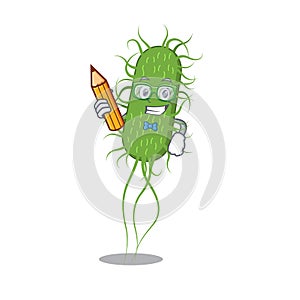 A brainy student e.coli bacteria cartoon character with pencil and glasses