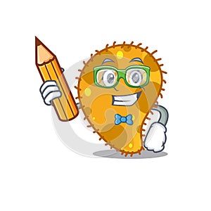 A brainy student pseudomonas cartoon character with pencil and glasses
