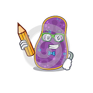A brainy student shigella sp. bacteria cartoon character with pencil and glasses