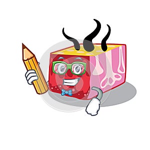 A brainy student skin cartoon character with pencil and glasses