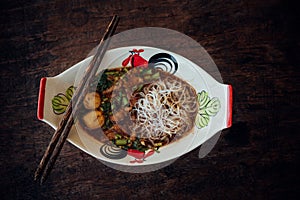 Braised beef clear noodle with meat ball soup stew