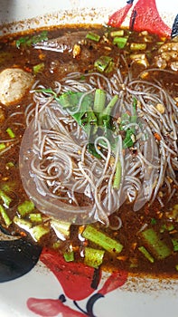 Braised beef clear noodle with meat ball soup stew