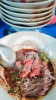 Braised beef clear noodle with meat ball soup stew