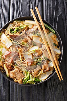 Braised Glass Noodles with Pork & Napa is a traditional Chinese dish close-up in a plate. vertical top view