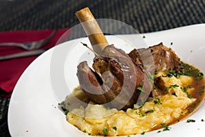 Braised lamb shank in mint and rosemary gravy, with Puree