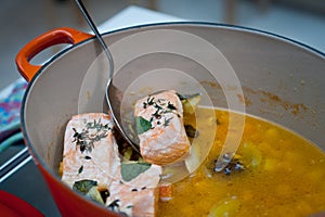 Braised salmon in professional kitchen