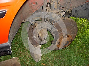 Brake caliper without brake disc in detailed view