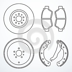 Brake disc, brake drum and brake pads. Brake parts icons