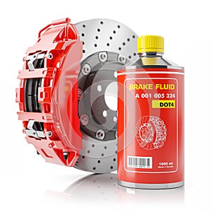 Brake disc, car red caliper and brake fluid can. Spare parts. Car repair