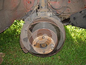 Brake disc old and brake caliper in detailed view