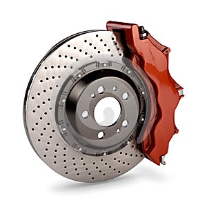 Brake Disc and Red Calliper from a Racing Car