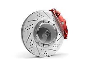 Brake Disc and Red Calliper from a Racing Car