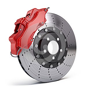 Brake Disc with Red Sport Racing Calliper on white