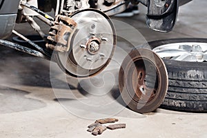 Brake disc. Replacement of the old to the new. Auto mechanic repairing .