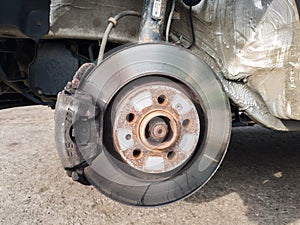 Brake disc system, pads and shield of vehicle without wheels for repair or replacement close up, suspension of car, process of new