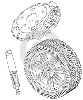 Brake disc, wheel and shock absorber on a white