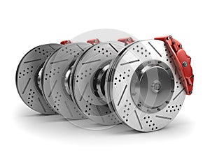 Brake Discs and Red Calipers from a Racing Car