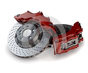 Brake Discs with Red Callipers from a Racing Car photo