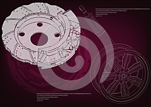 Brake disk and wheel with shock absorber on a burgundy