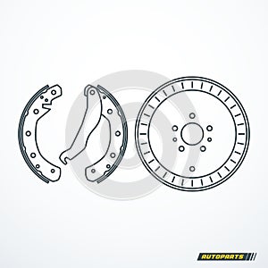 Brake drum and brake pads. Brake parts set. Vector illustration