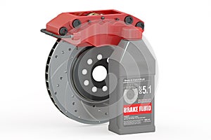 Brake Fluid with Disc Brake, 3D rendering