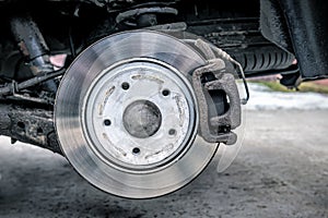 Brake pad and disk on car without wheel