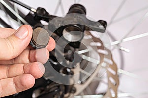 Brake pad in the hand of a bicycle repair and maintenance master. Replacing brake pads with disc brakes. Close-up