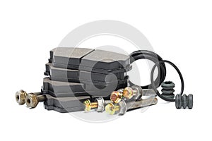 Brake pads and brake caliper guides isolated on white background