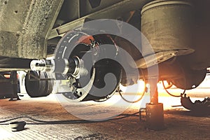 Brake pads of a truck trailer for repairing to change.