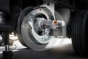 Brake pads of a truck trailer for repairing to change.