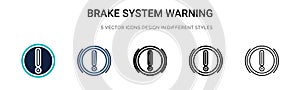 Brake system warning icon in filled, thin line, outline and stroke style. Vector illustration of two colored and black brake