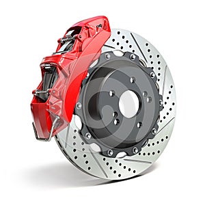 Braking system. Car brake disk with caliper isolated on white background