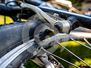 Braking system at a mountain bike close up