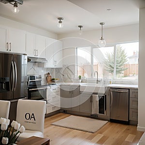 Brampton Ontario Canada - March 5 2019: A modern white kitchen with a traditional touch custom designed by Toronto interior