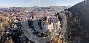 Bran Castle Dracula castle in Transylvania in Romania. Panoramic view