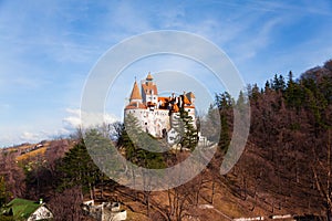 Bran Castle on hill top view in Romania