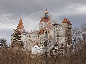 Bran Castle known as Dracula`s castle and dramatic sky