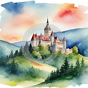 Watercolor landscape with Transylvania castle. photo