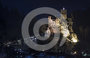 Bran Castle, Romania. midnight image of Dracula fortress in Transylvania, medieval landmark.