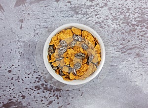 Bran flake cereal with raisins in a white bowl