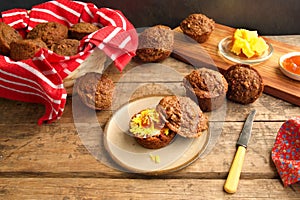 Bran muffins with cheese and apricot jam