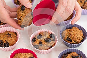 Bran muffins with dry cranberries close up in baking silicon cups on white background.